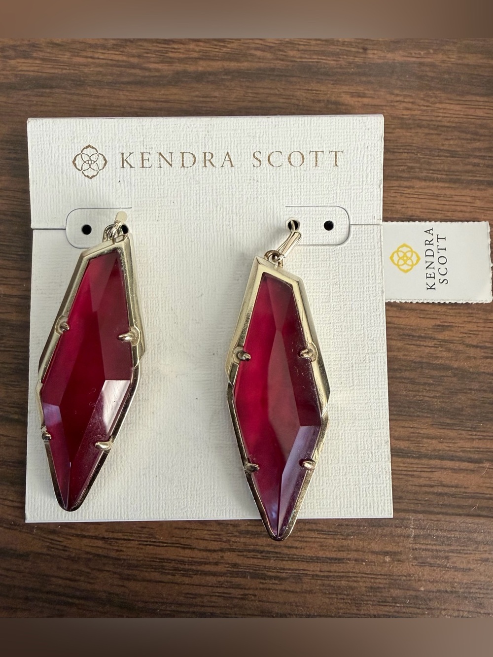 Kendra Scott Bexley Berry Red Illusion Faceted Gold Trim Dangle Earrings NEW